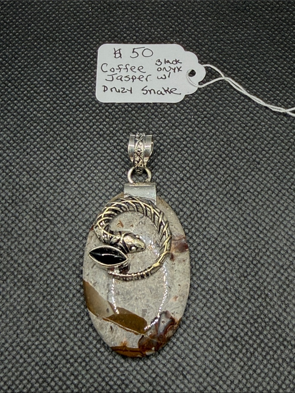 Handcrafted Coffee Jasper and Black Onyx Snake Pendant 925 Silver 2.45”